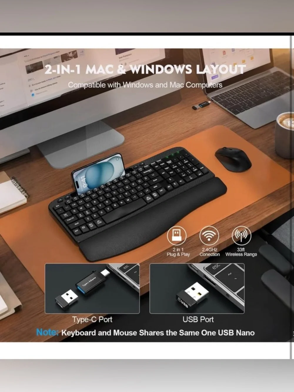 Wireless Keyboard and Mouse Combo, Wave Keys Full-Sized Ergonomic Keyboard